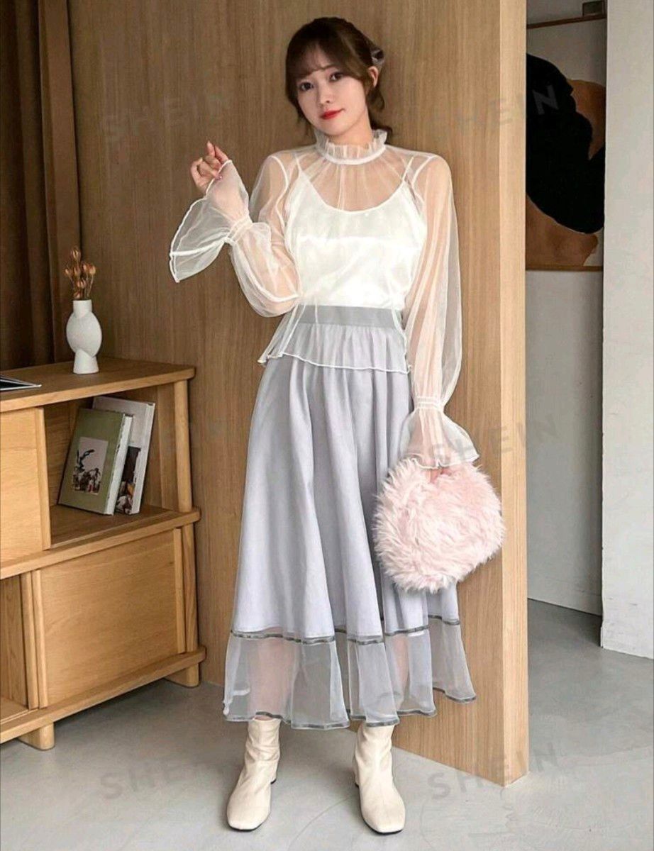 SHEIN FRIFUL 女性用 フリルデザイン 透け感 ブラウス 長袖 SHEIN FRIFUL 女性用 フリルデザイン 透け感 ブラウス 長袖