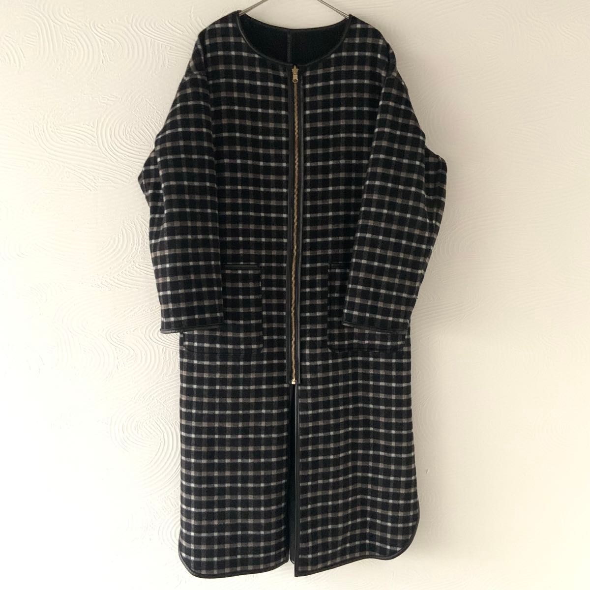 Andemiu】アンデミュウ リバーシブル ノーカラーコート チェック Andemiu】アンデミュウ リバーシブル ノーカラーコート チェック