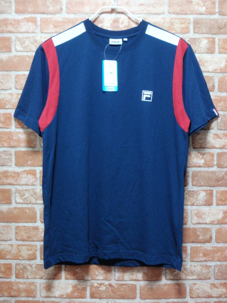 (送料一律185円) 新品?タグ付 ＦＩＬＡ フィラ ロゴ刺繍 半袖Ｔシャツ 給水速干 紺 Lサイズ