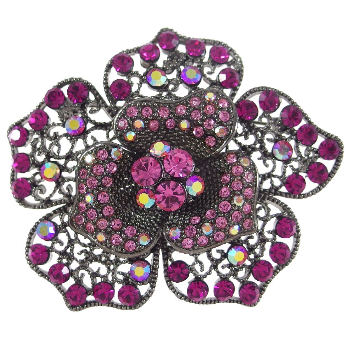 A4508◆ ヴィンテージブローチ ◆ ピンク系ラインストーンで飾られた花 * フラワーモチーフ ◆_画像1