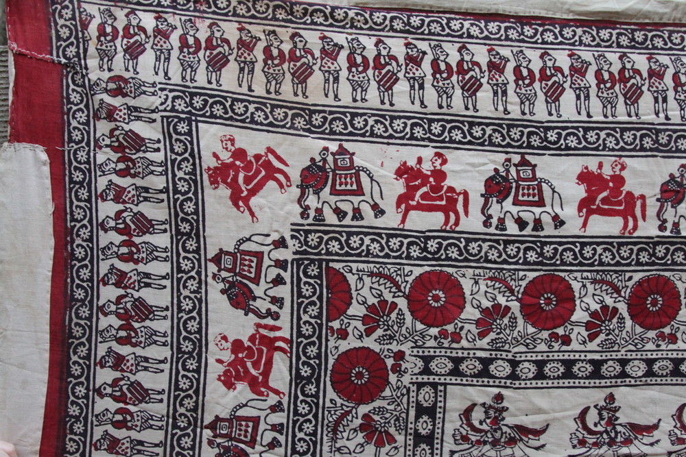 インド　木綿に更紗　神様 卍 人間 動物 楽器奏者 19世紀中_画像6