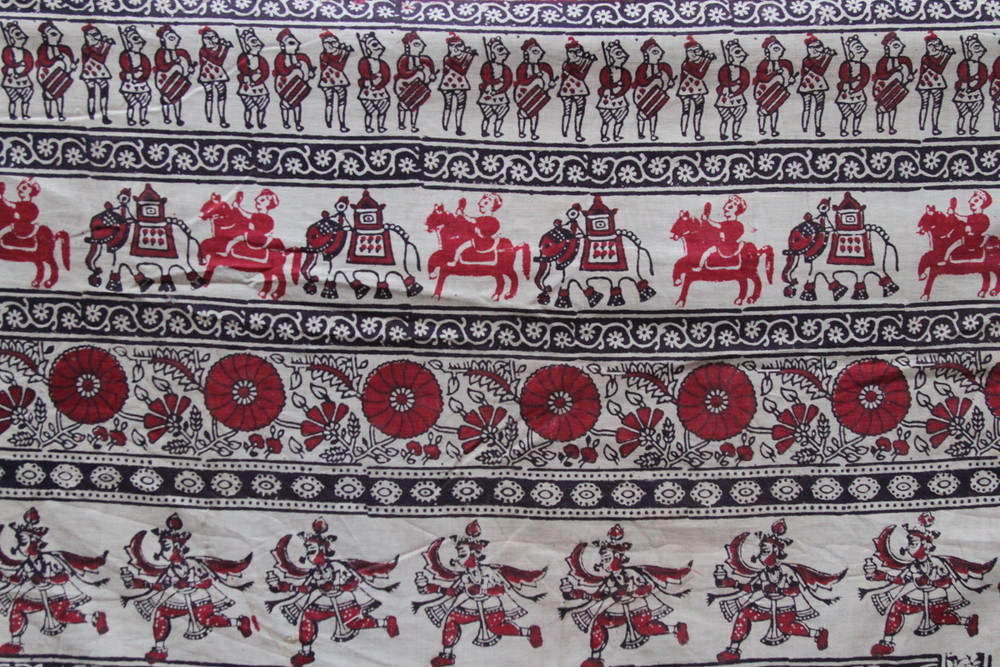 インド　木綿に更紗　神様 卍 人間 動物 楽器奏者 19世紀中_画像5