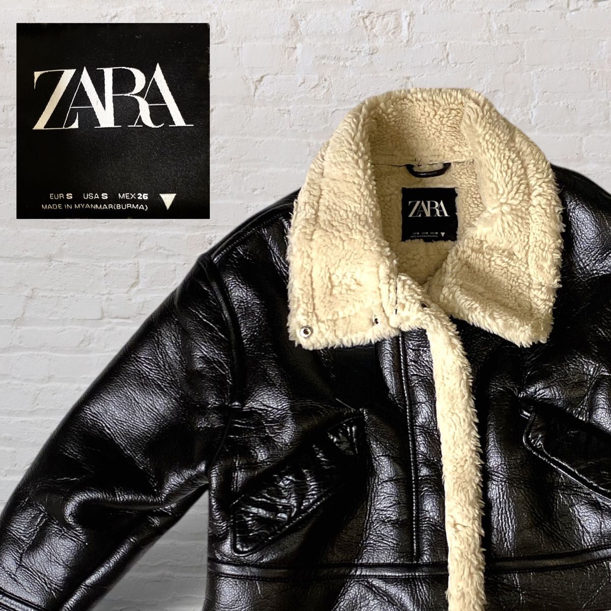 美品】ZARA ザラ フェイクレザー ムートン ボアジャケット S M 美品】ZARA ザラ フェイクレザー ムートン ボアジャケット S M