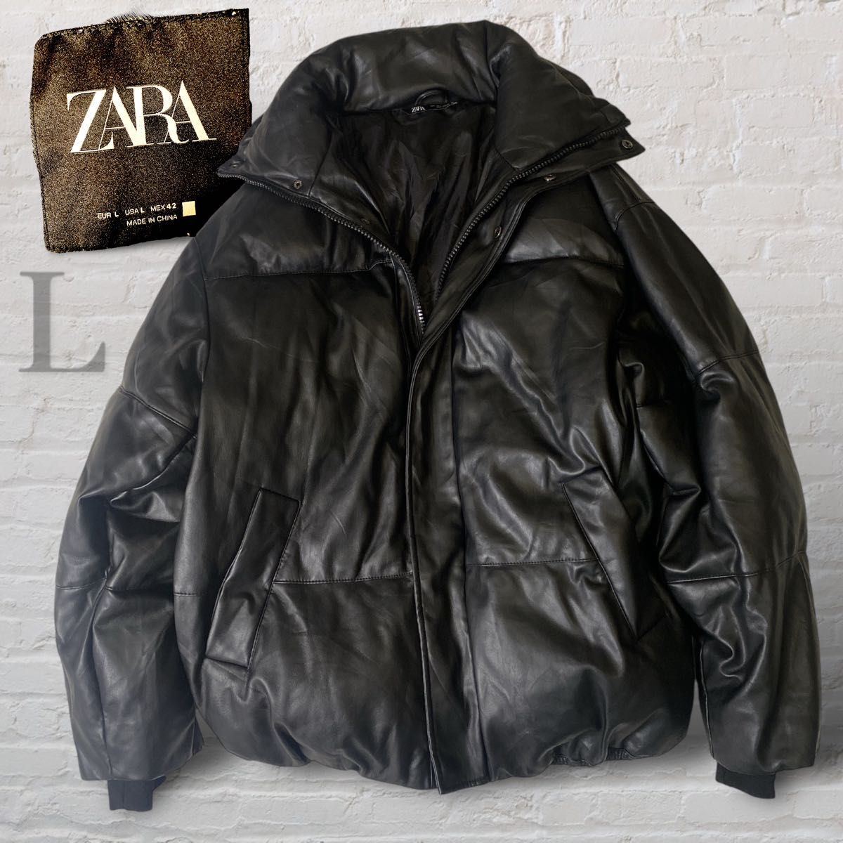 ZARA ザラ ダウンジャケット フェイクレザー 中綿 ブラック 黒 L ZARA ザラ ダウンジャケット フェイクレザー 中綿 ブラック 黒 L