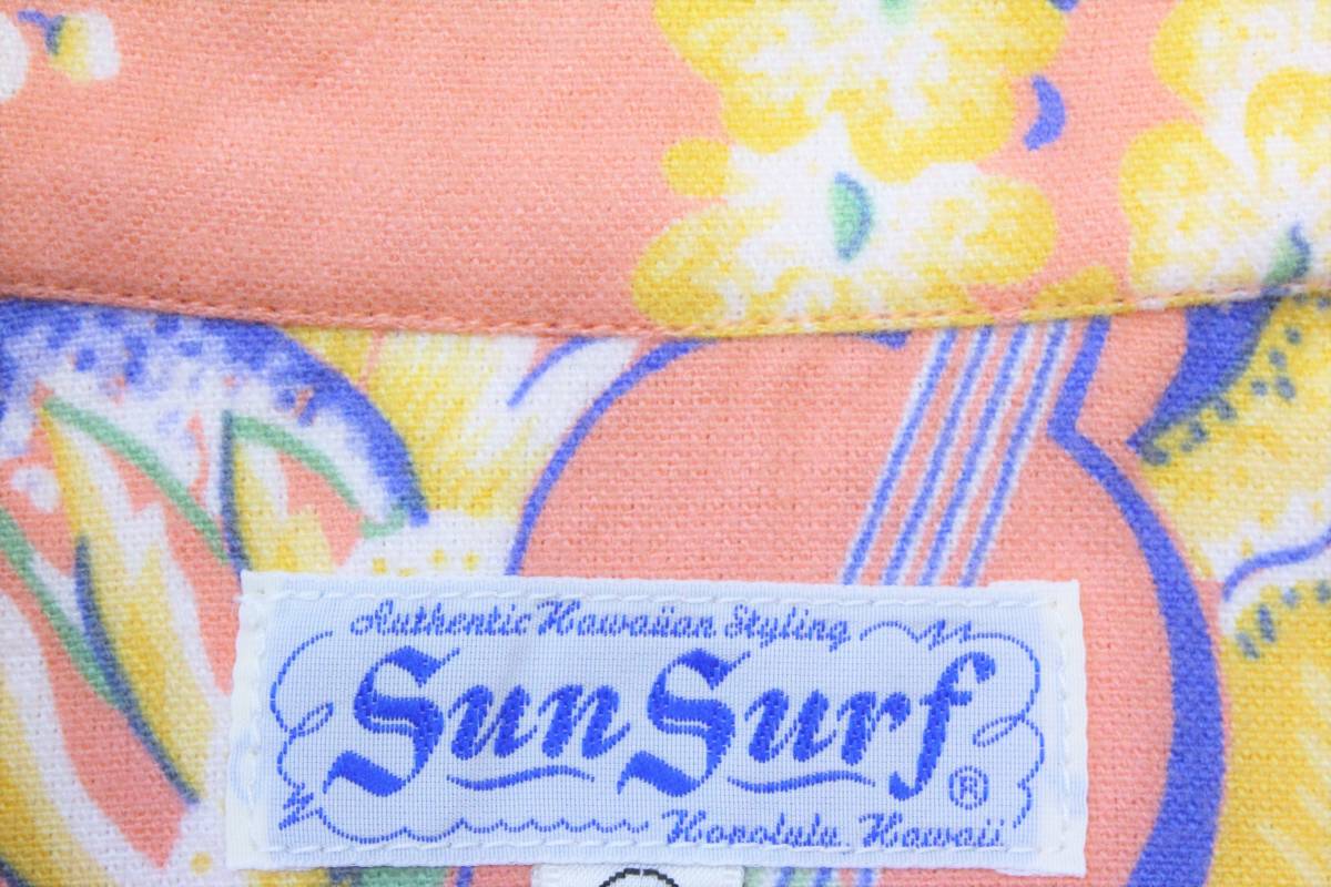 YSL54東洋XSサンサーフ ボタンダウン ネルシャツSUN SURF長袖 シャツ マッキントッシュ メニュー柄 ウクレレ ハイビスカス レイ_画像6