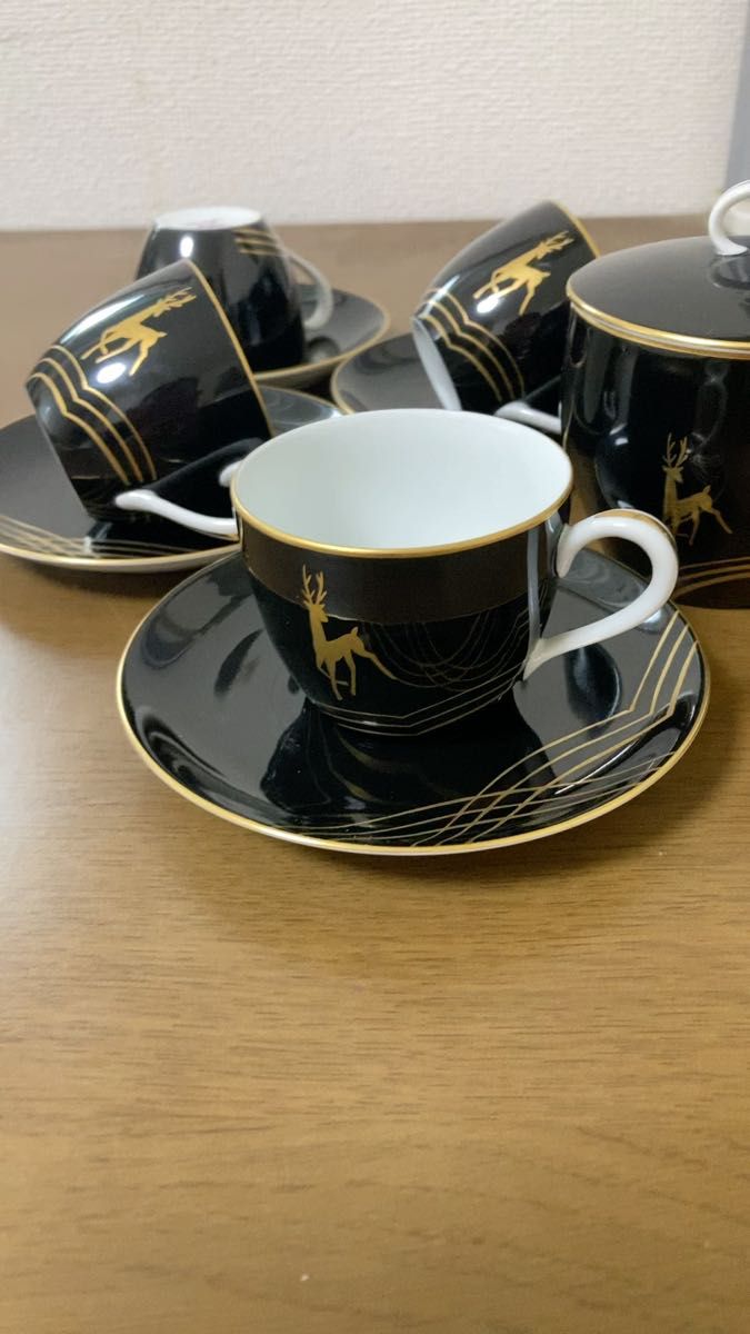 ノリタケ デミタスカップ&ソーサー 4客 シュガーポット 昭和レトロ 黒 鹿