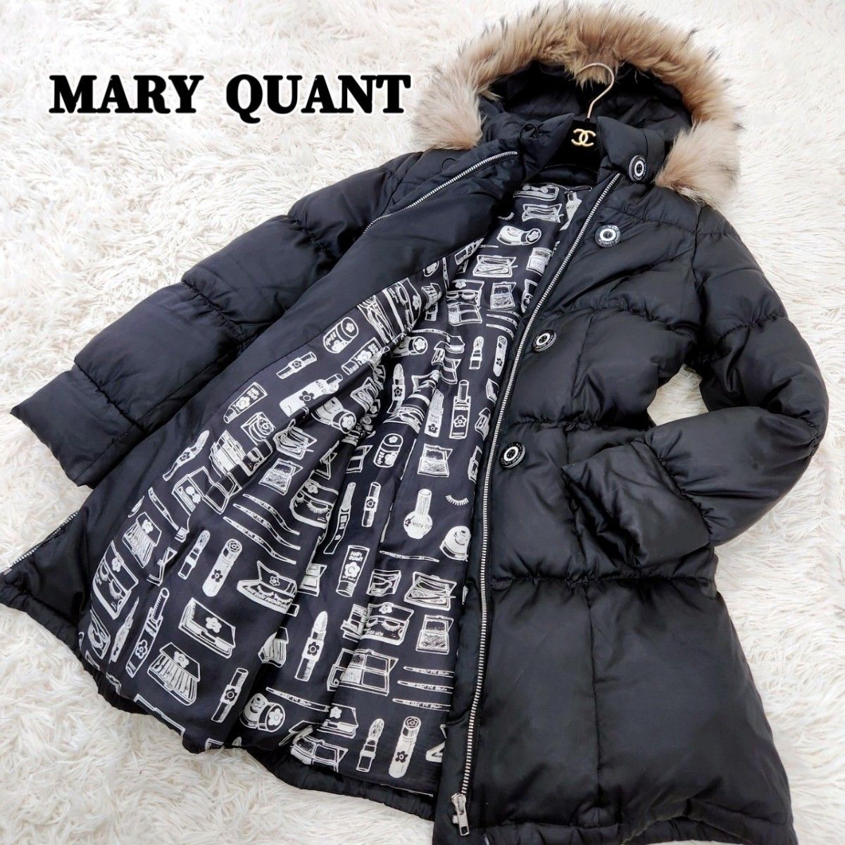MARY QUANT ラクーンファー ダウンコート Aライン 裏地総柄 MARY QUANT ラクーンファー ダウンコート Aライン 裏地総柄