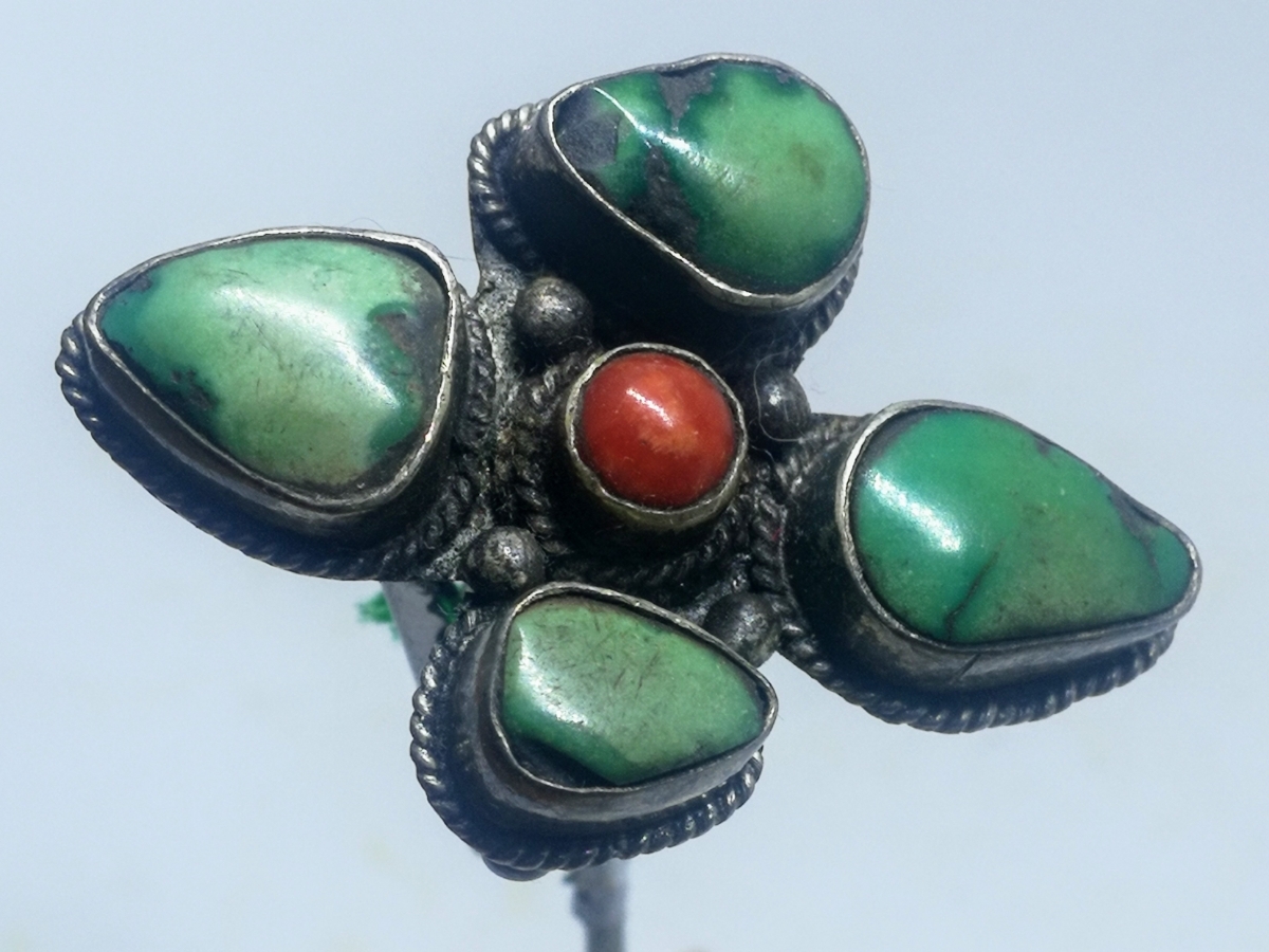  Old chibe tongue turquoise mountain .. mountain coral silver 925 ring size 14 approximately 40-29mm 14.12gmchi bed free shipping silver made hand made new goods not yet 