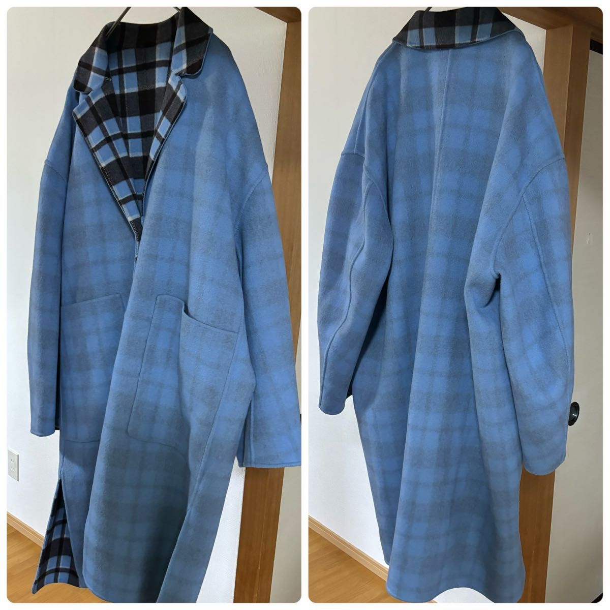極美品】ルシェルブルー ビッグチェックリバーシブルコート 極美品】ルシェルブルー ビッグチェックリバーシブルコート