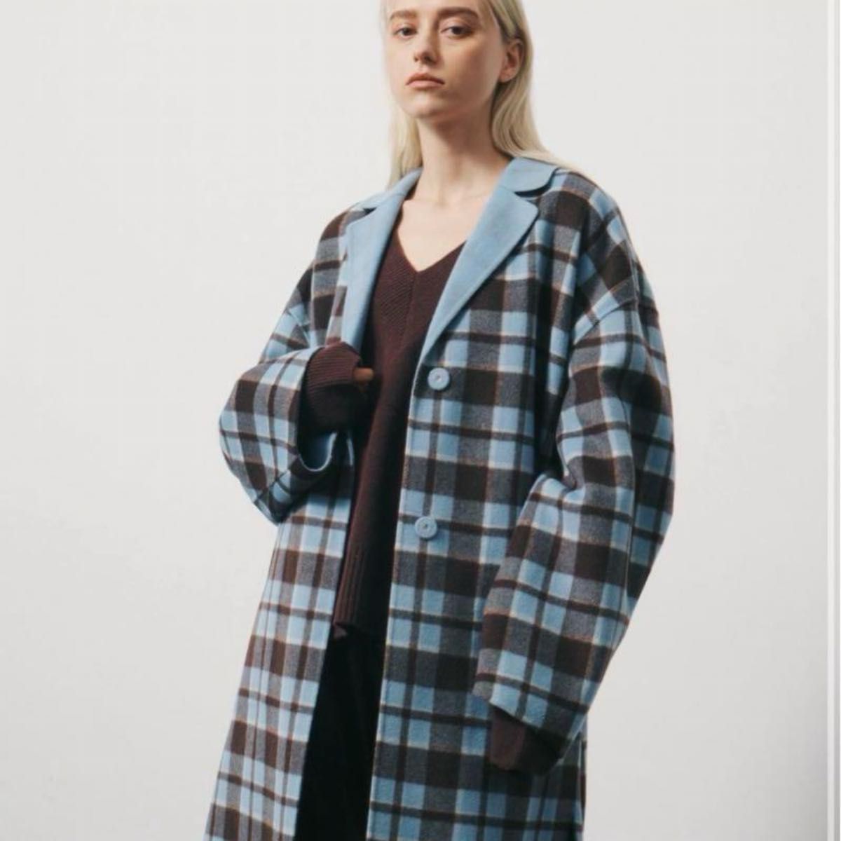 極美品】ルシェルブルー ビッグチェックリバーシブルコート 極美品】ルシェルブルー ビッグチェックリバーシブルコート