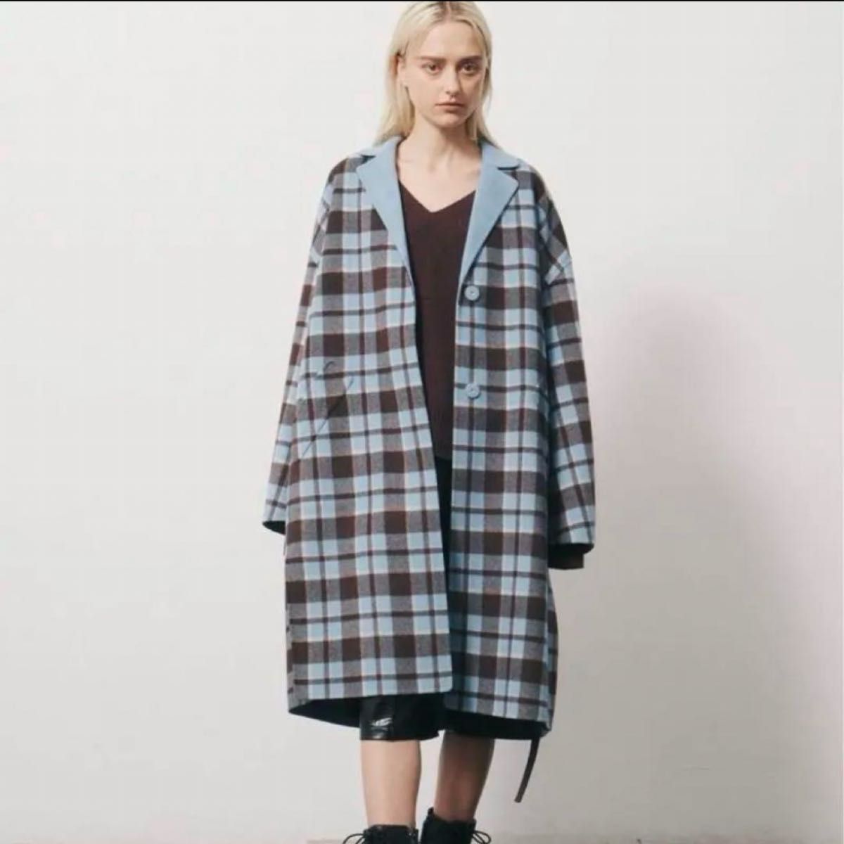 極美品】ルシェルブルー ビッグチェックリバーシブルコート 極美品】ルシェルブルー ビッグチェックリバーシブルコート