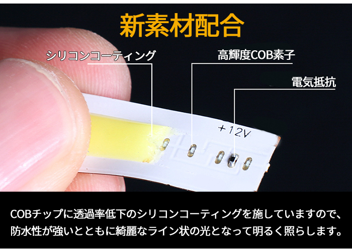 メール便送料無料 新型柔軟COB LEDテープライト 180連60cm　デイライト パーツ 超極薄3mm 防水切斷可 アイライン 正面発光 全7色 2本