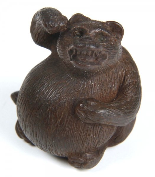 □時代提物 田中岷江作 木彫狸 根付 重さ約14g□(根付)|売買 □時代提物 田中岷江作 木彫狸 根付 重さ約14g□(根付)|売買