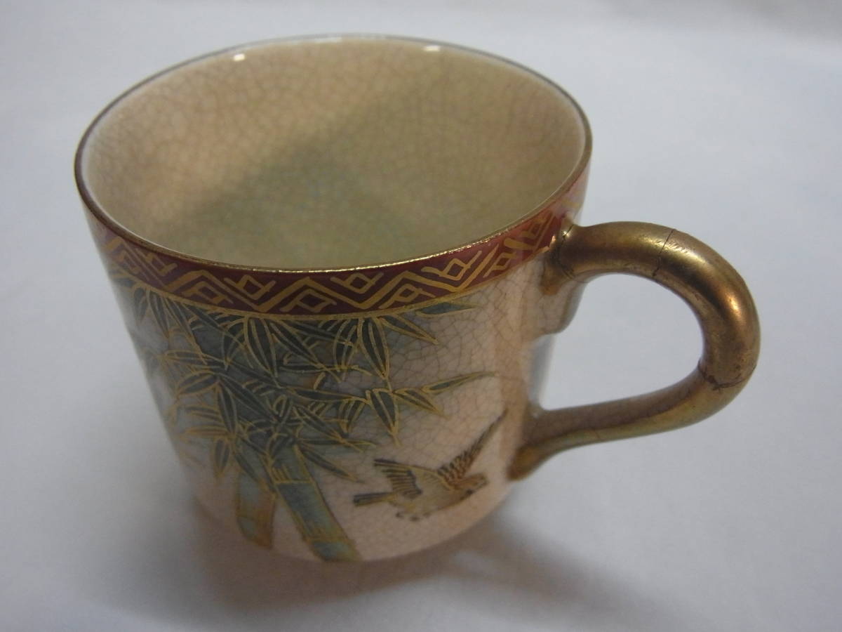  Meiji ~ Taisho период экспорт товар * Satsuma . гора бамбук ... sho map cup & блюдце *. гора Zaimei .* античный антиквариат * тарелка cup золотой рука золотая краска бамбук керамика *.60