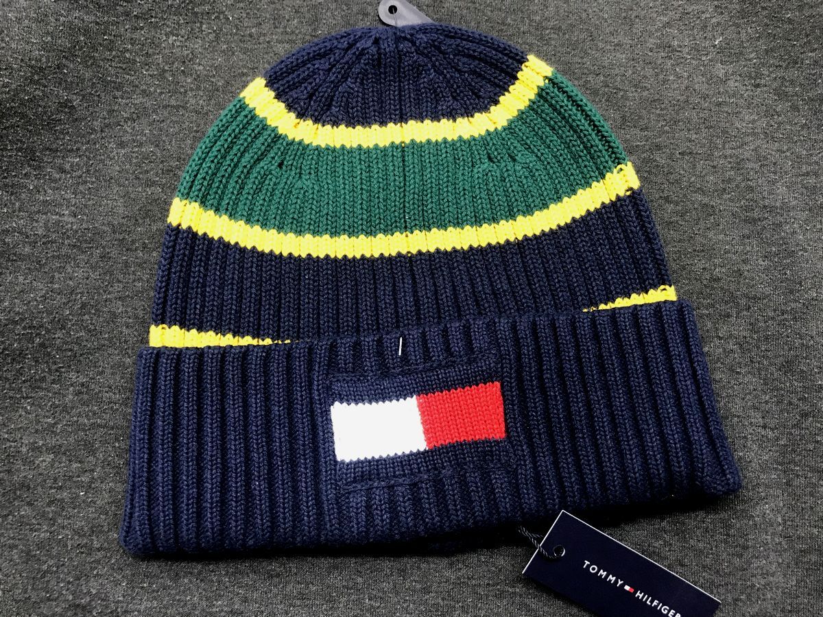 USA正規品 トミーヒルフィガー TOMMY HILFIGER 厚手 ニットキャップ ニット帽 ビーニー 綿 コットン100％ 紺 緑 アイビーボーダー フラッグ_画像1