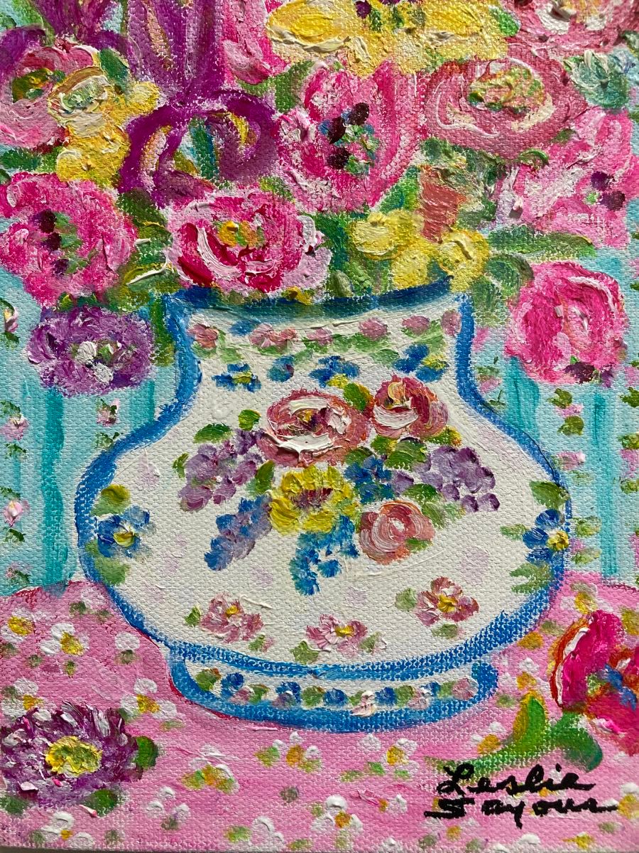 真作保証】レスリー・セイヤー「花」油彩画 直筆サイン 真筆 真作保証】レスリー・セイヤー「花」油彩画 直筆サイン 真筆