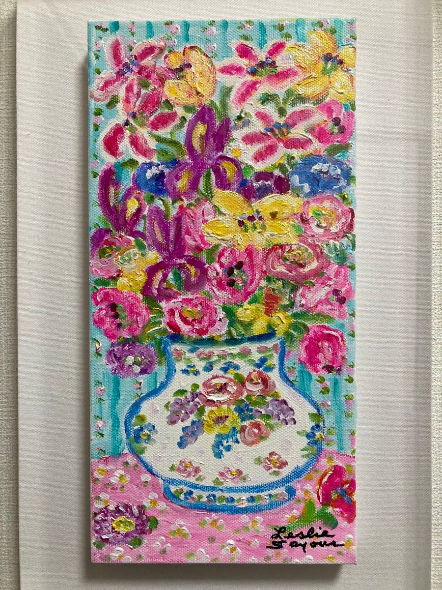 真作保証】レスリー・セイヤー「花」油彩画 直筆サイン 真筆 真作保証】レスリー・セイヤー「花」油彩画 直筆サイン 真筆
