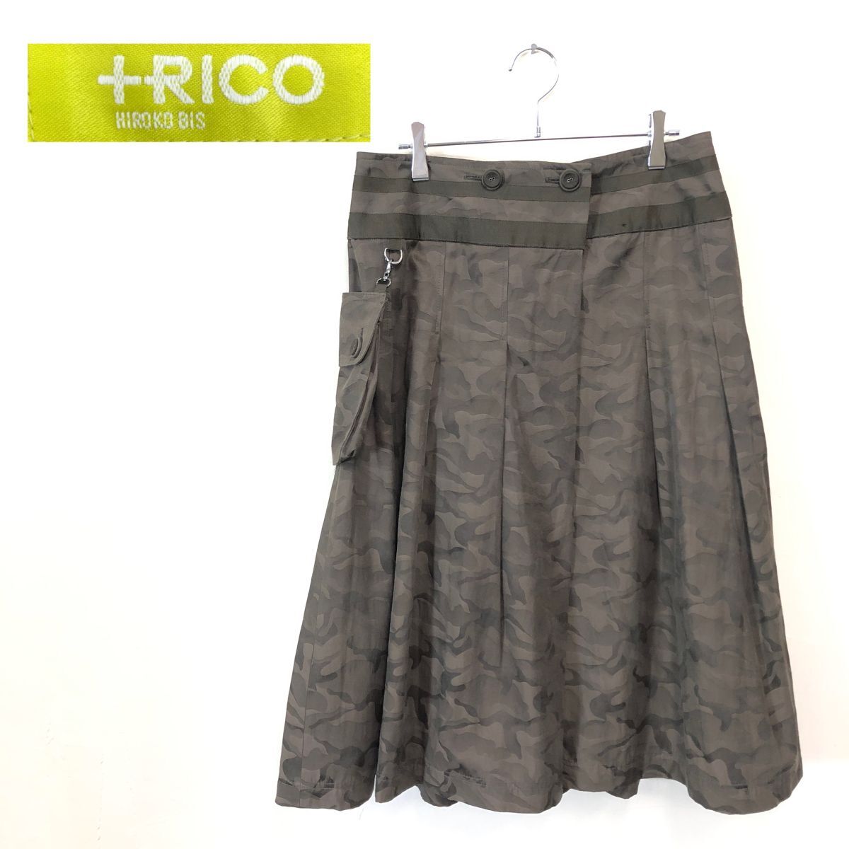 1O2791-K-N◆＋RICO HIROKO BIS ヒロコビス プリーツスカート◆size11 カーキ カモフラ柄 サイドBAG付き カジュアル 薄手 個性的