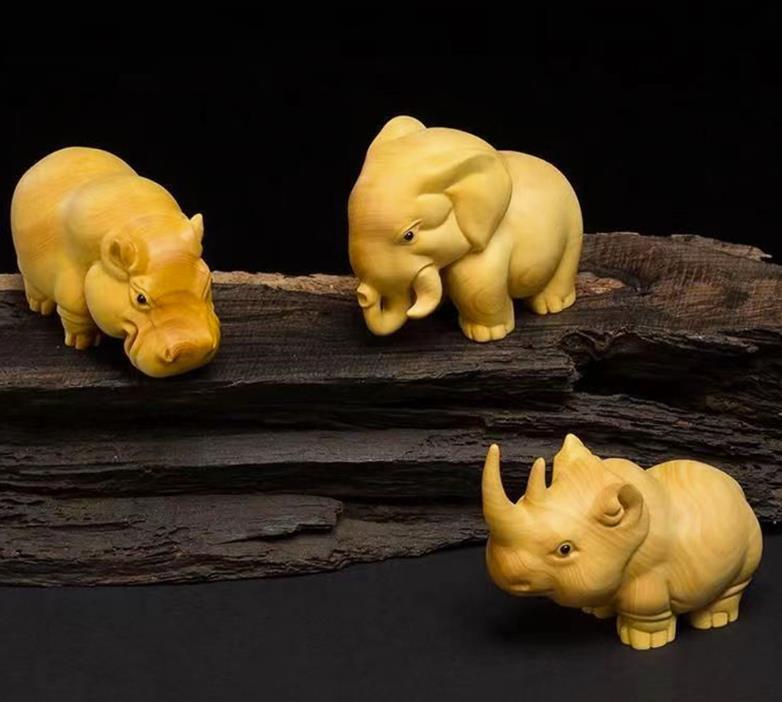  high class gake hinoki tree carving rhinoceros * hippopotamus *. sculpture set natural tree handicraft better fortune ornament 