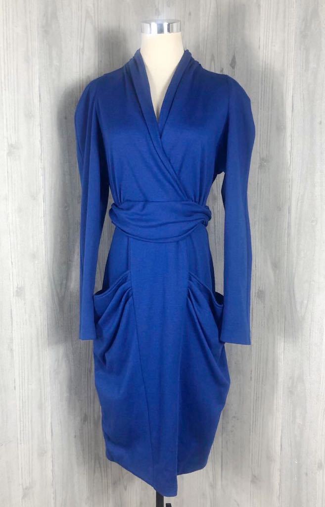 (G) Vintage FENDI フェンディ　レディース　ブルー　変形　ウール　長袖　ワンピース　ドレス　44表記