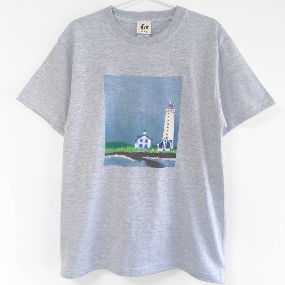 メンズ Tシャツ XLサイズ 灯台柄 手描きTシャツ カジュアル ハウス 絵本 北欧 クリスマス_画像1
