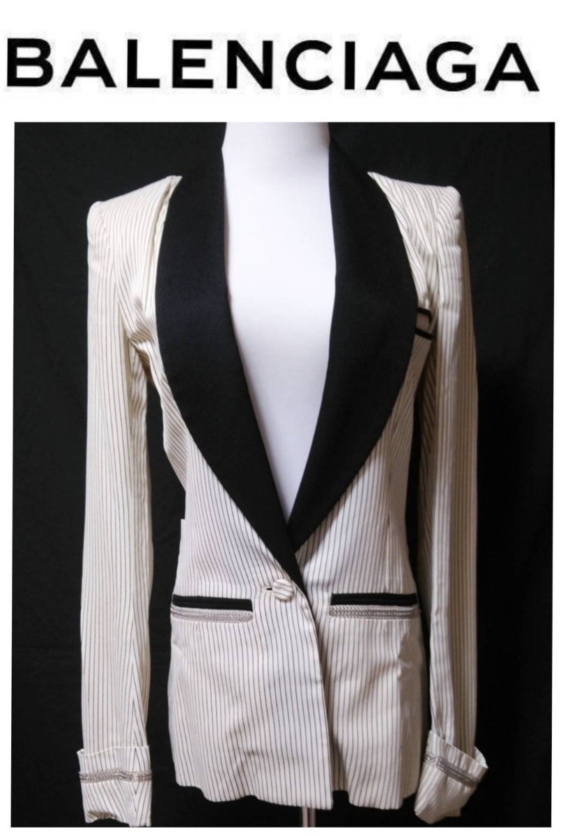 本物 BALENCIAGA バレンシアガ 袖装飾付きストライプ スモーキングジャケット 34