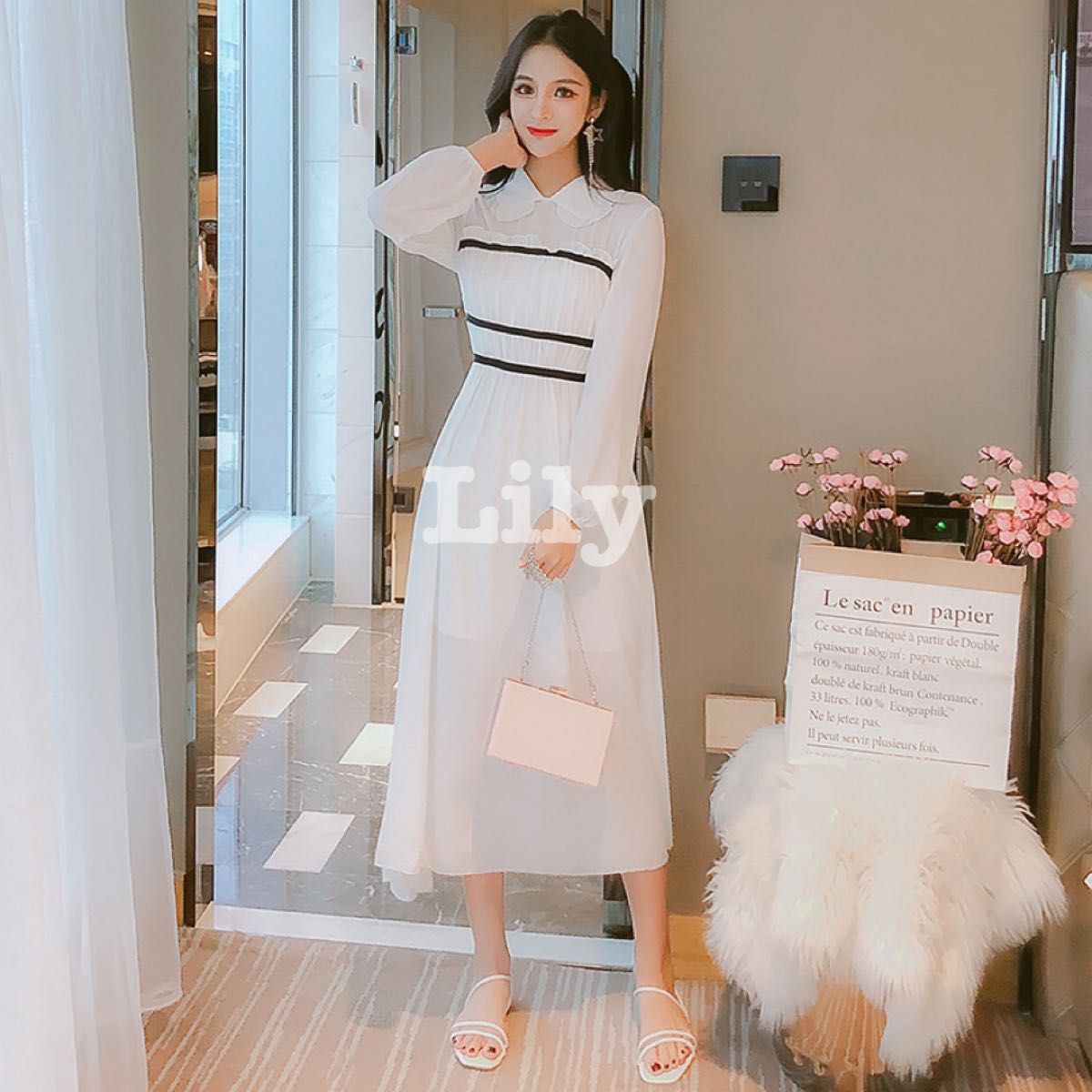 ホワイト フリル ワンピース 結婚式 パーティードレス 韓国 SALE】韓国ファッション フリルワンピース 結婚式 パーティー