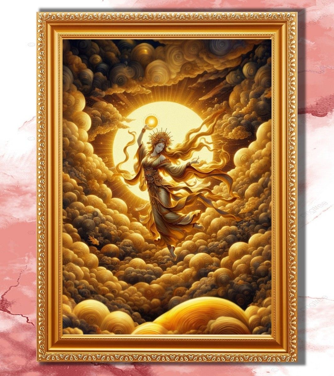 『雲上で太陽と舞う天照大御神(アマテラス)』額縁付きスピリチュアルアート