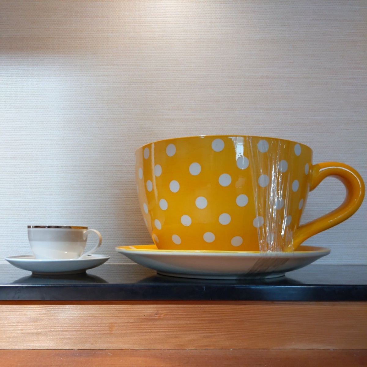 植木鉢　植木鉢カバー　巨大　コーヒーカップ　黄色水玉