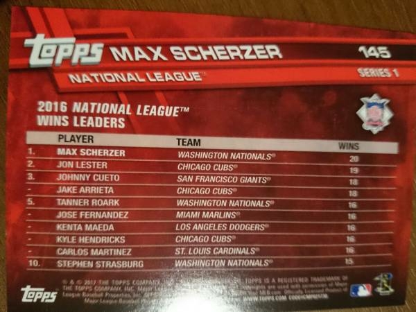 ★MAX SCHERZER TOPPS 2017 BASEBALL SERIES 1 #145 MLB マックス・シャーザー WASHINGTON NATIONALS ワシントン・ナショナルズ_画像2