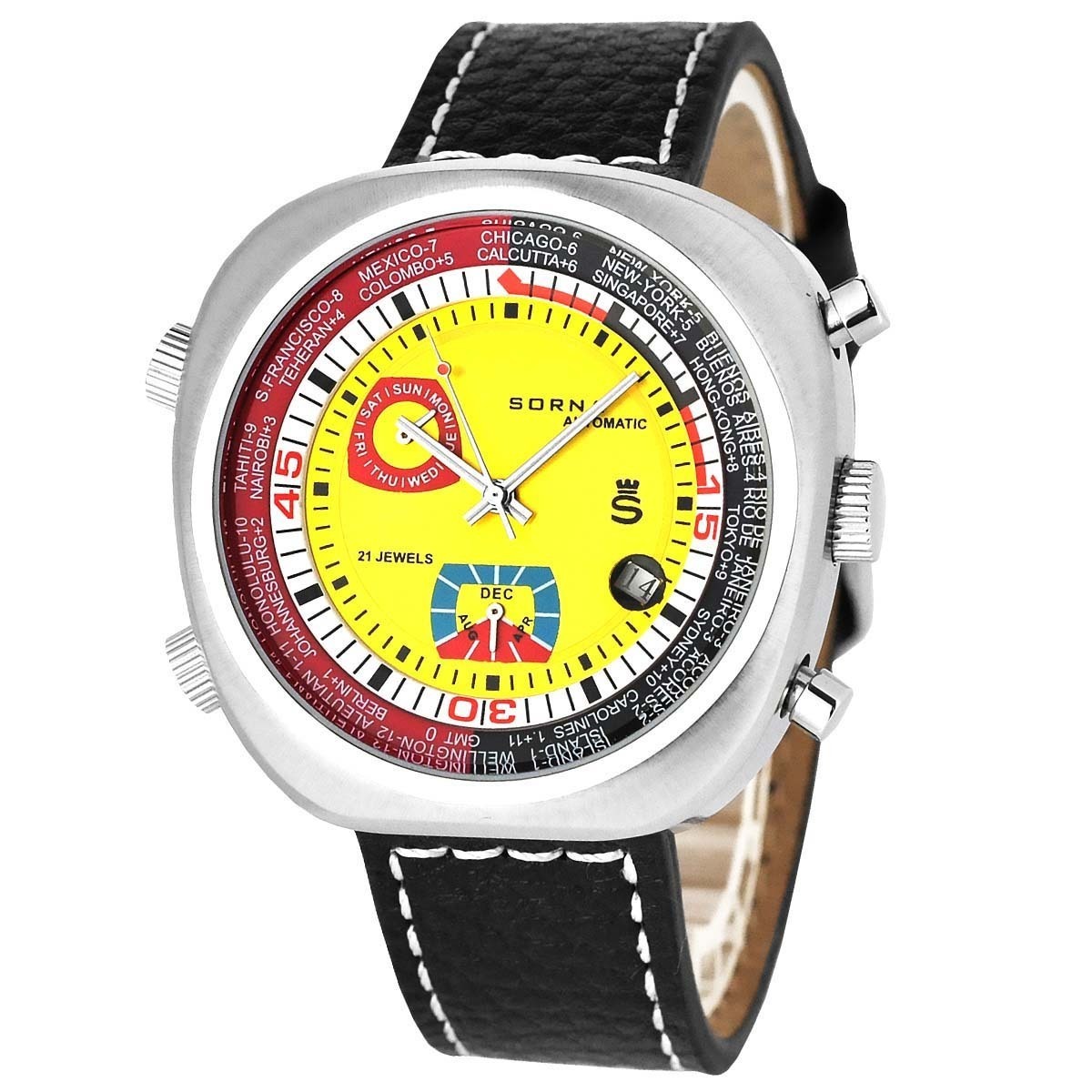 SORNA ソルナ 自動巻き 複刻新品 腕時計 カレンダー GMT（ワールドタイム） タキメーターベゼル T23766-YELLOW_画像1