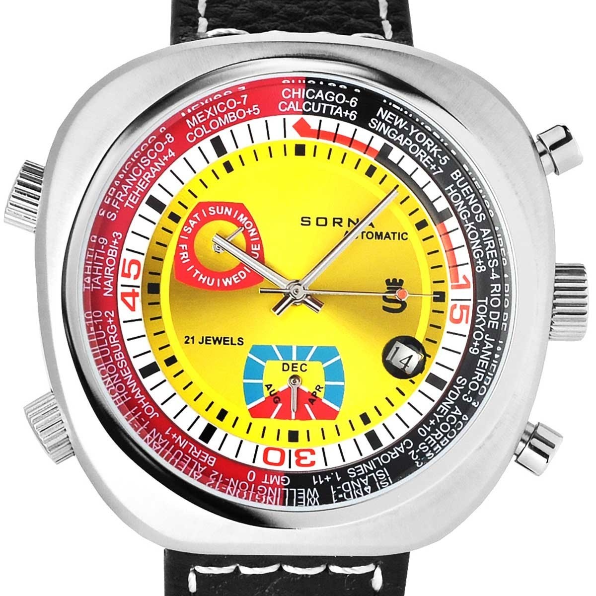 SORNA ソルナ 自動巻き 複刻新品 腕時計 カレンダー GMT（ワールドタイム） タキメーターベゼル T23766-YELLOW_画像2