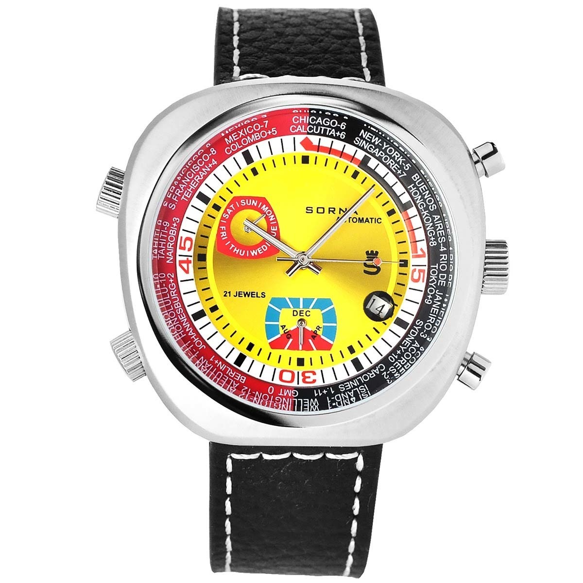 SORNA ソルナ 自動巻き 複刻新品 腕時計 カレンダー GMT（ワールドタイム） タキメーターベゼル T23766-YELLOW_画像3