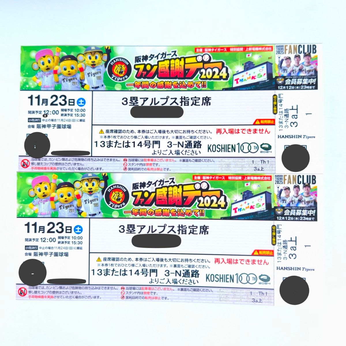2枚 阪神タイガース ファン感謝デー チケット 座席連番 2枚 阪神タイガース ファン感謝デー チケット 座席連番