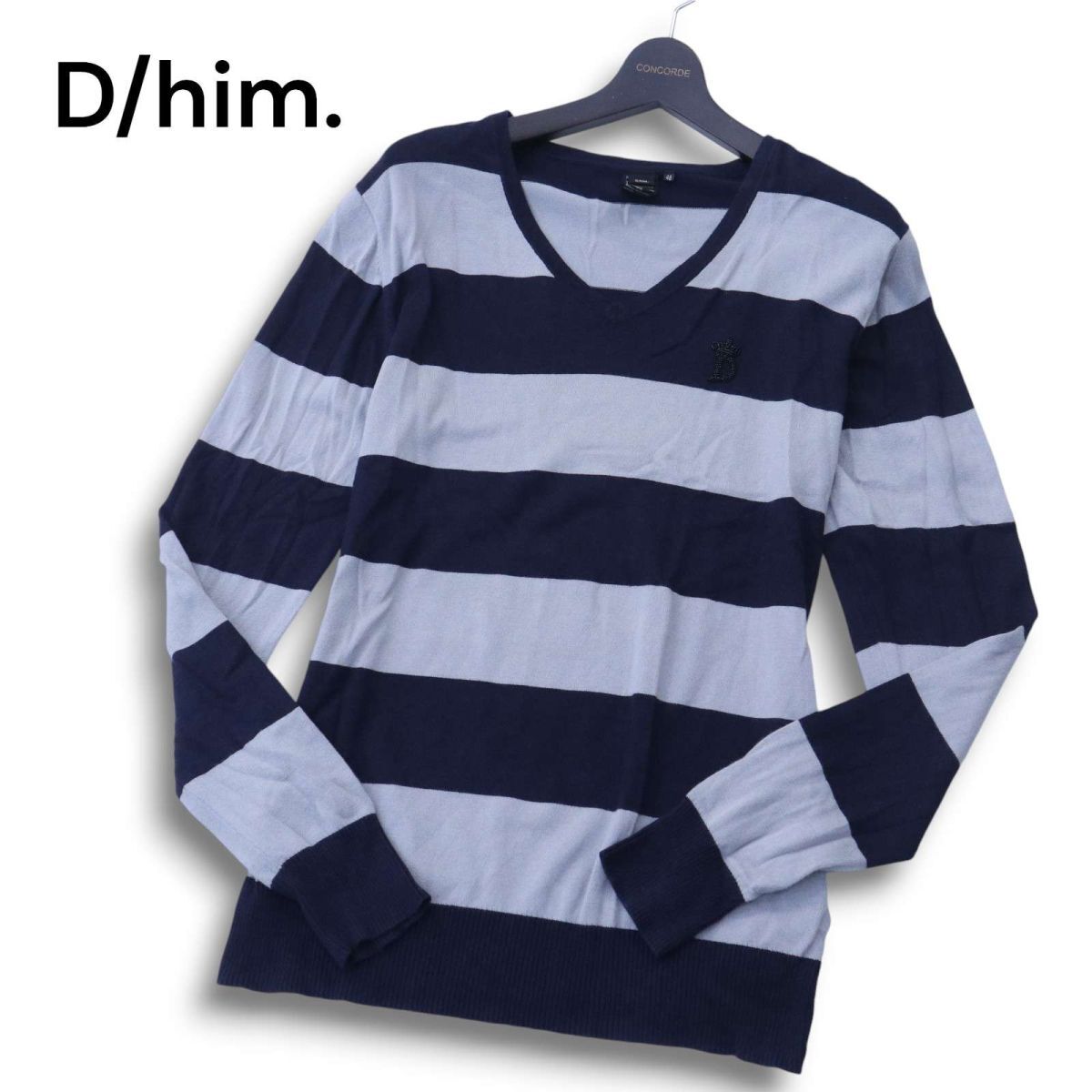 D/him. ダブルスタンダード クロージング 通年 ビーズ装飾★ ボーダー Vネック ニット セーター Sz.46　メンズ　A4T11630_B#L