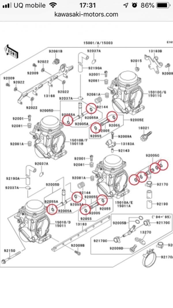 ゼファー550 ZEPHYR ZR550B キャブレター ジョイント Oリング パッキン ガソリン 漏れ リビルト レストア CVKケイヒンオーバーホ―ル_赤丸のOリングセット