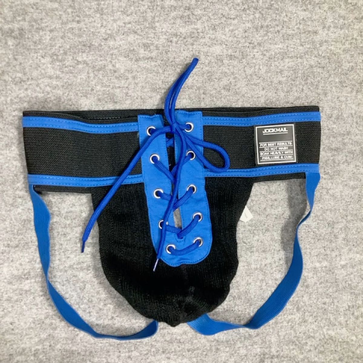 【JOCKMAIL】ジョックストラップ(ケツワレ) ブルー ブラック 前面開口 紐付き Mサイズ