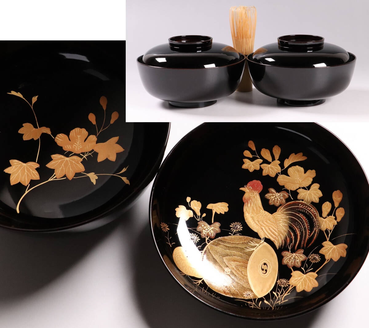 CL63 加賀蒔絵 月に雁 金蒔絵 黒塗煮物椀 二客 木製漆器 梨地 鳥 芦 CL36 輪島塗 諫鼓鶏金蒔絵 黒塗椀 二客 木製漆器 鶏 太鼓 草花