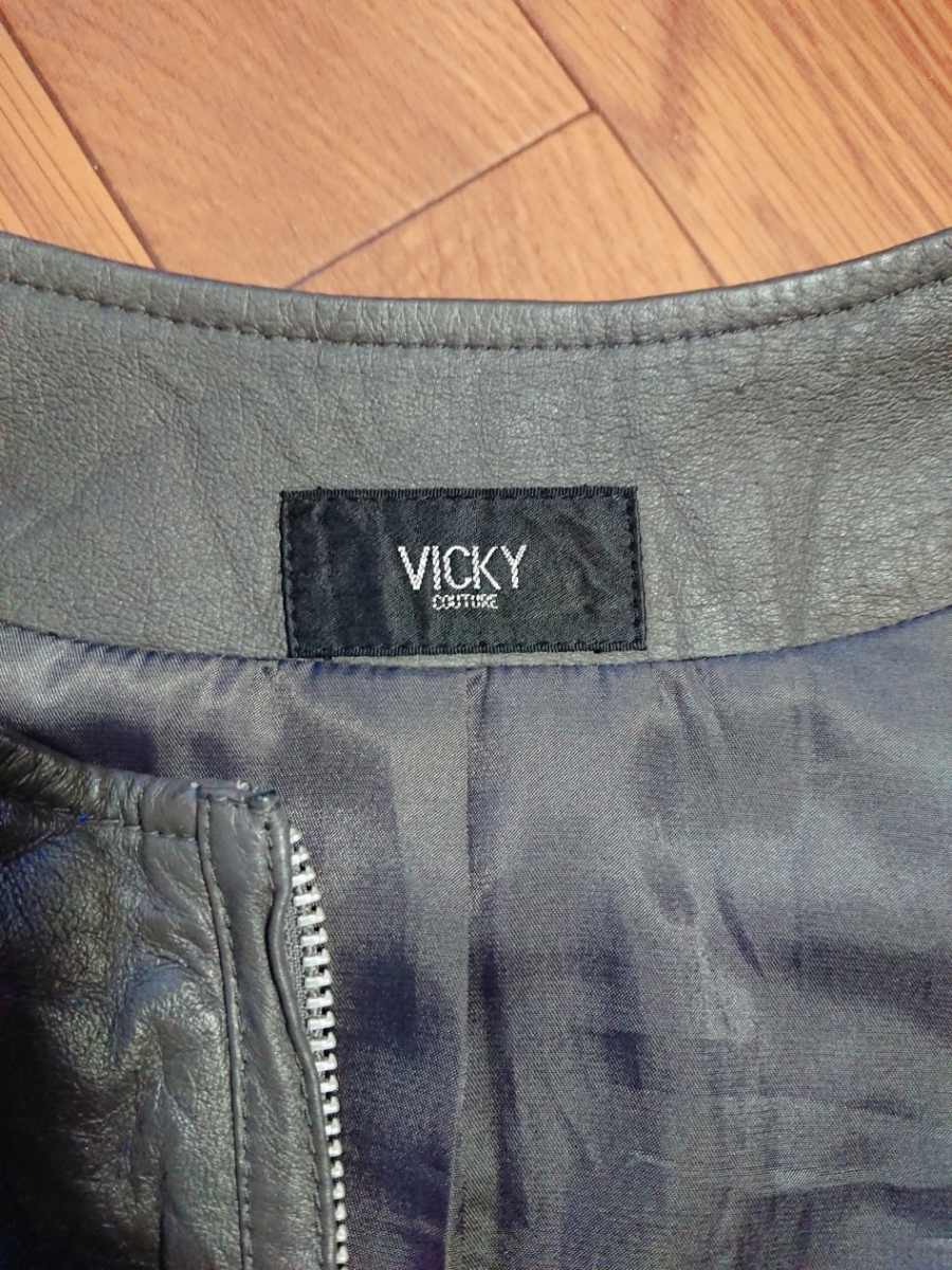 【VICKY】 レザージャケット ノーカラー グレー 1_画像3