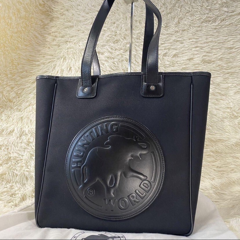 ハンティングワールド レザー グレー キャンバス トートバッグ 美品