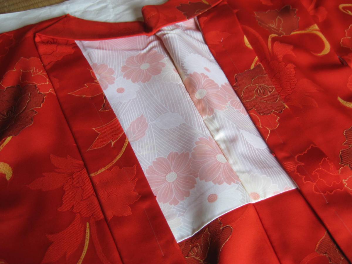 絹 豪華 刺繍 赤 花柄 羽織 コート 道中着 結婚式 パーティー 新品