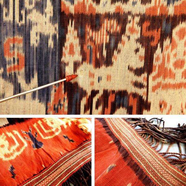 ＜銀の斧＞オールドスンバイカット・大きな草木染手織りオールドイカット・スンバ島・70～80年前の手織りイカット_3枚結合画像・上はダメージ画像です