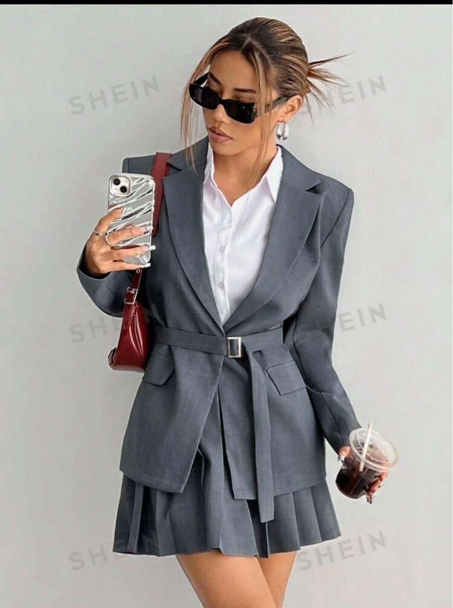 SHEIN グレー プリーツスカート スーツ ジャケット セット SHEIN グレー プリーツスカート スーツ ジャケット セット