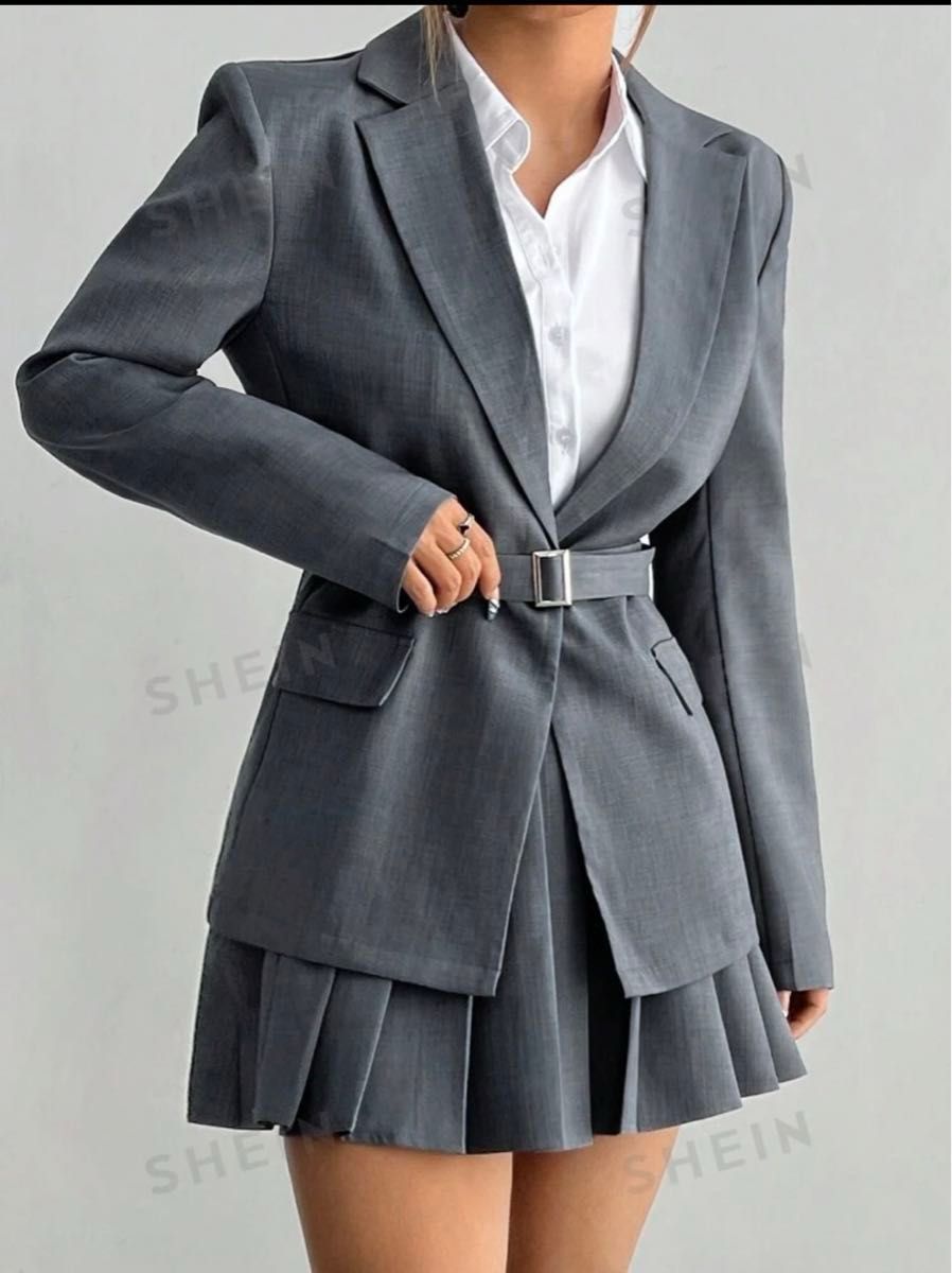 SHEIN グレー プリーツスカート スーツ ジャケット セット SHEIN グレー プリーツスカート スーツ ジャケット セット
