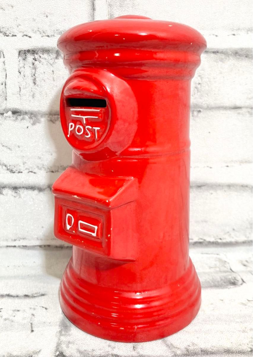 陶器でできたポスト ビンテージ【陶器製 赤ポスト型 貯金箱】H18cm 郵便差出箱 USED