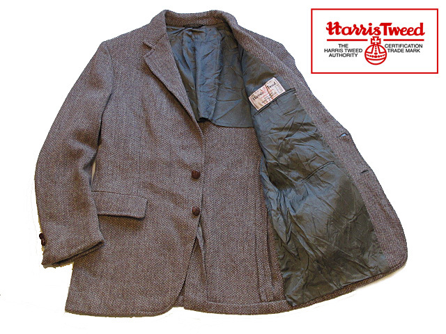 ★Harris Tweed★ハリスツイード/革製くるみボタン/米国製/ウール100％ テーラード ジャケット 厚手 ブラウン系 L相当 メンズ