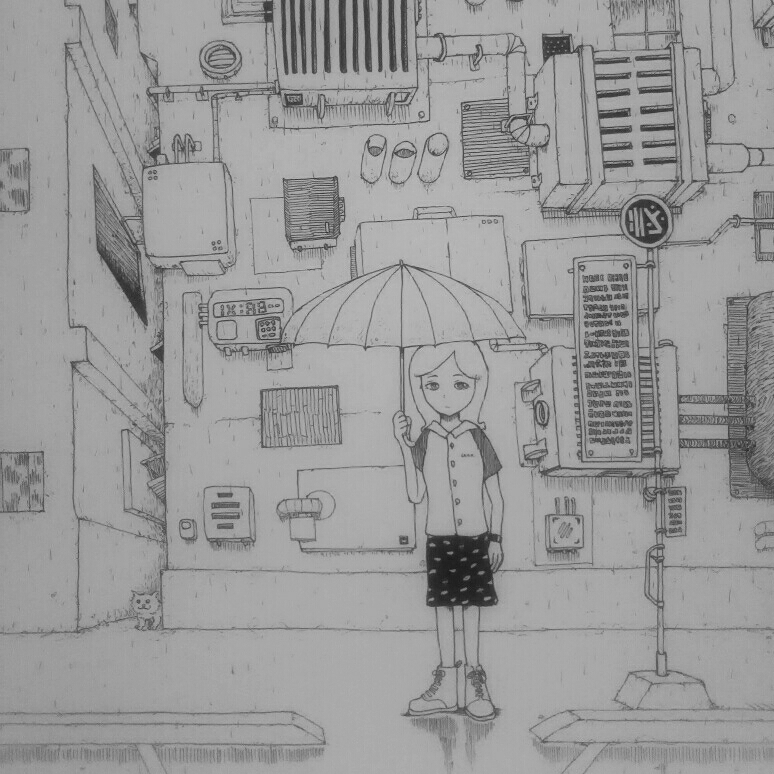  original illustration * rain * hand-drawn illustrations hand made interior girl umbrella . duct outdoors machine monochrome white black art original work original picture piece ..