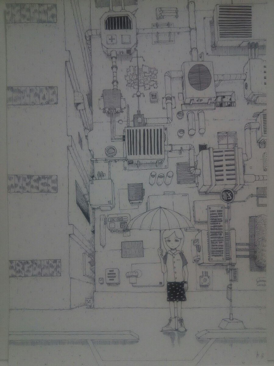 オリジナルイラスト 雨 アート インテリア ダクト ハンドメイド モノクロ 個性的 傘 原画 女の子 室外機 手描きイラスト 白黒 絵 自作 高品質 手描きイラスト