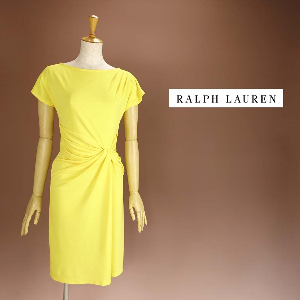 半額セール★新品 ラルフローレン 14/19号 黄色 ワンピース パーティドレス 半袖 大きいサイズ 結婚式二次会 披露宴 フォーマル 凛38KK2219