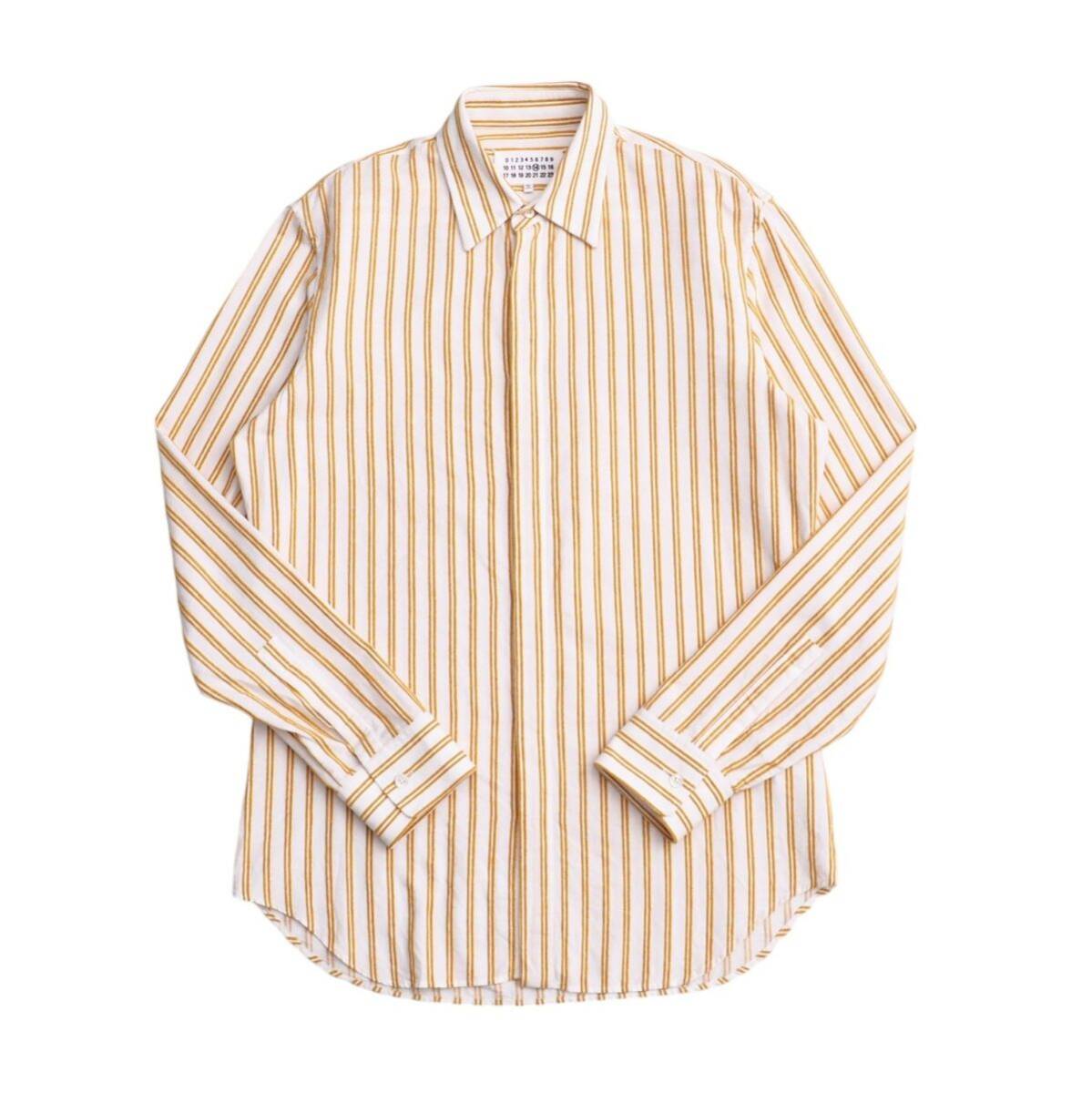 GQ7790 イタリア製 メゾン マルジェラ/Maison Margiela メンズ39 ジャガード 比翼仕立て ストライプシャツ 長袖シャツ 白×イエロー系